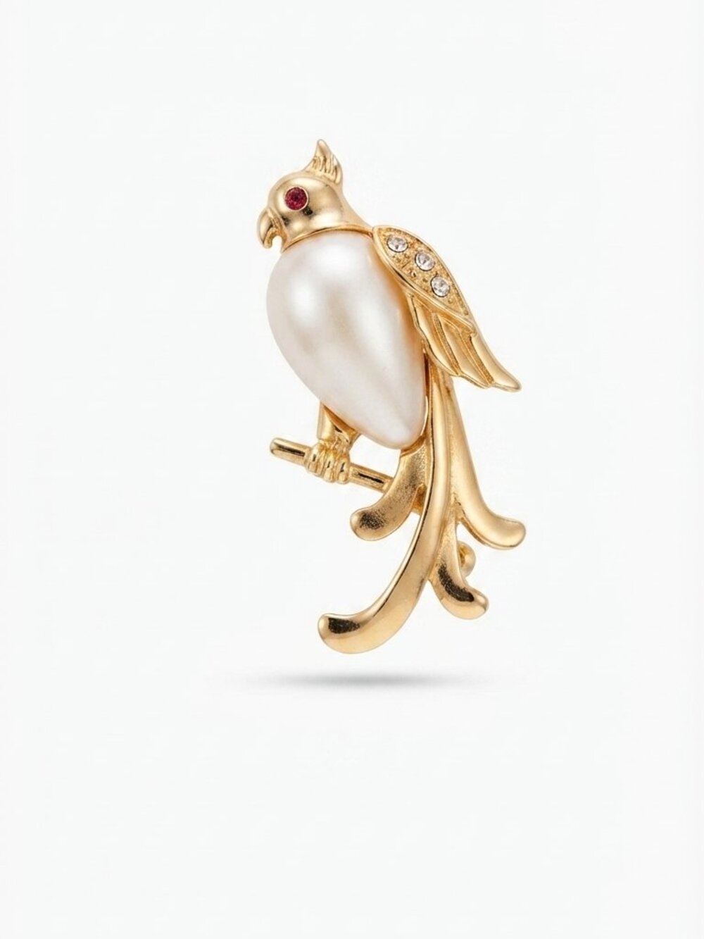 Vintage Gold-Tone Cockatoo Brooch | Faux Pearl & Crystal Parrot Lapel Pin
